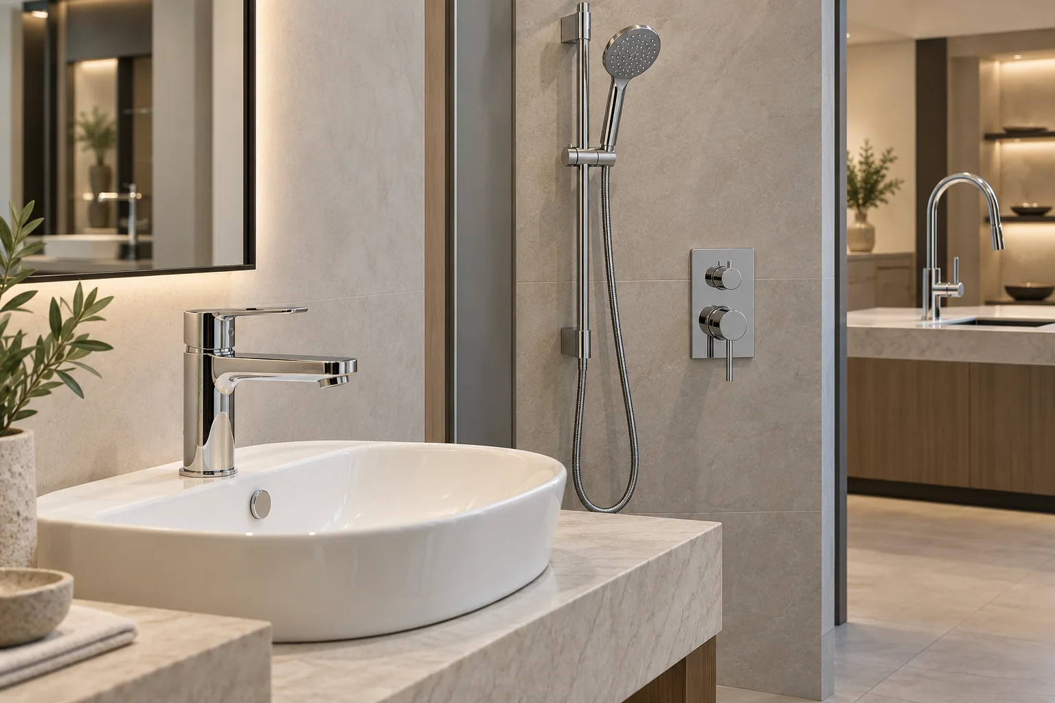 Bathroom basin, shower and kitchen mixers displayed with their installation context