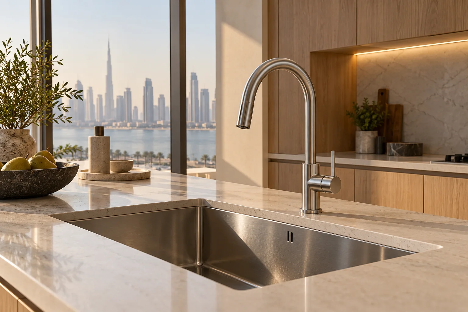 Stainless kitchen sink with correctly scaled single-lever kitchen mixer in a contemporary UAE apartment