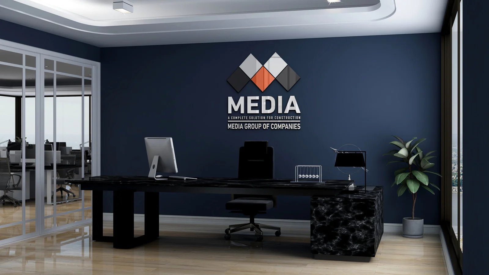 Media General Trading office interior with logo