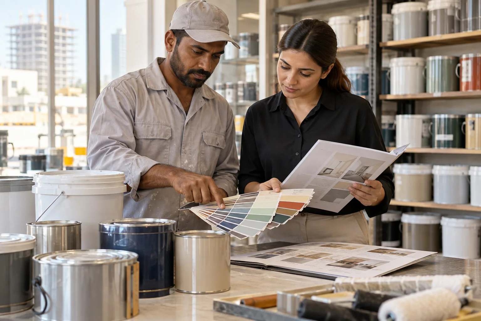 Paint colour fan and coating schedule reviewed in a UAE paint supply setting