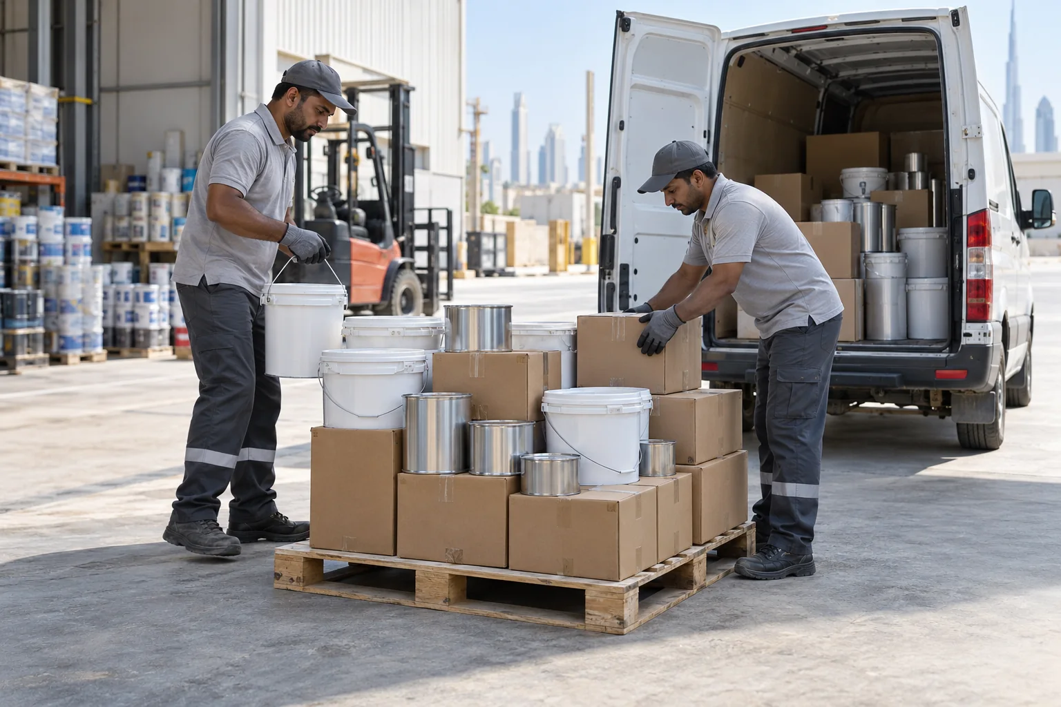Sealed paint pails and tins prepared for a UAE project delivery