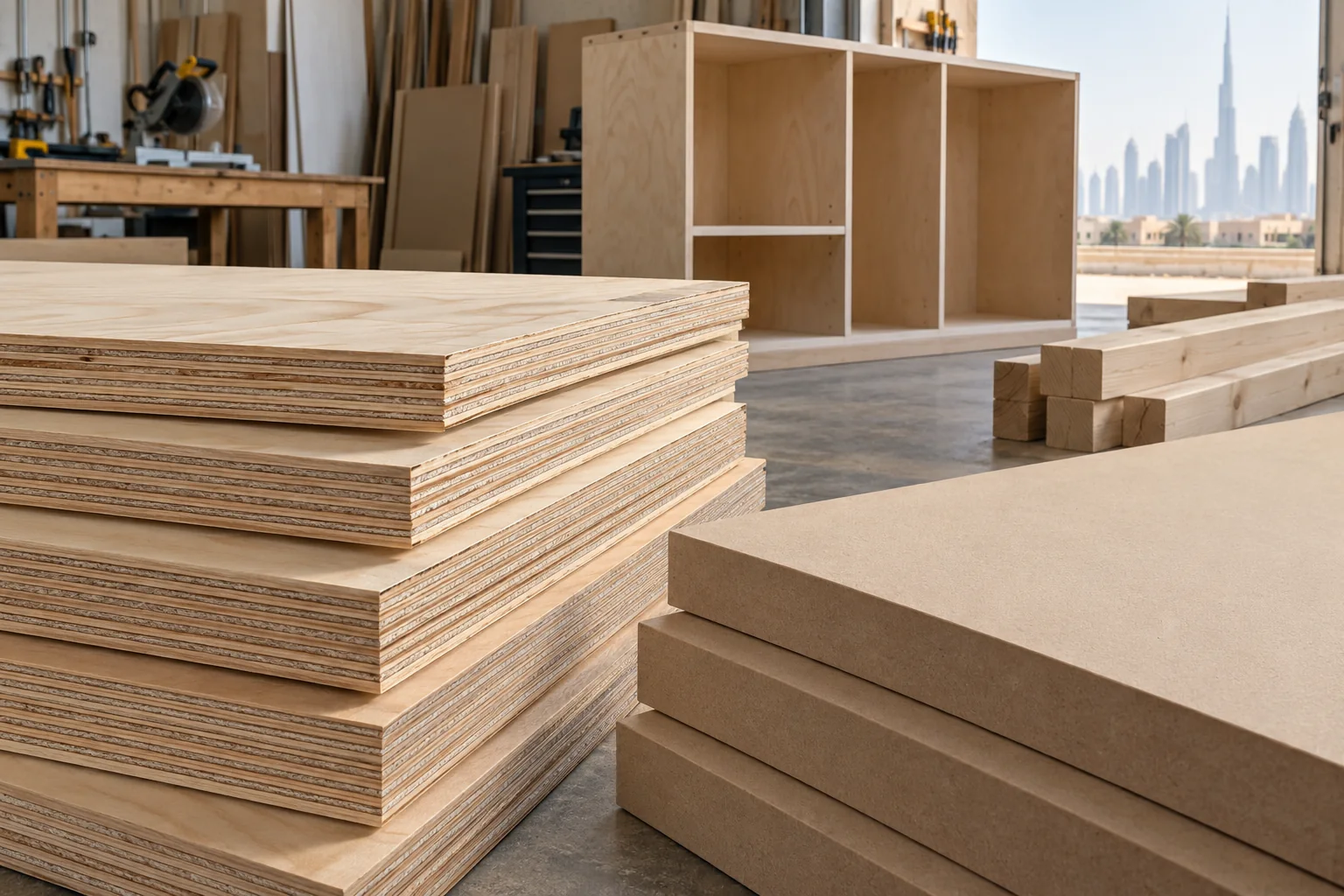 Stacks of plywood and MDF panels with timber battens in a joinery workshop