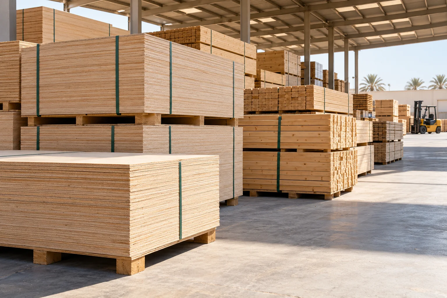 Pallets of plywood sheets and bundled timber under covered storage for project supply