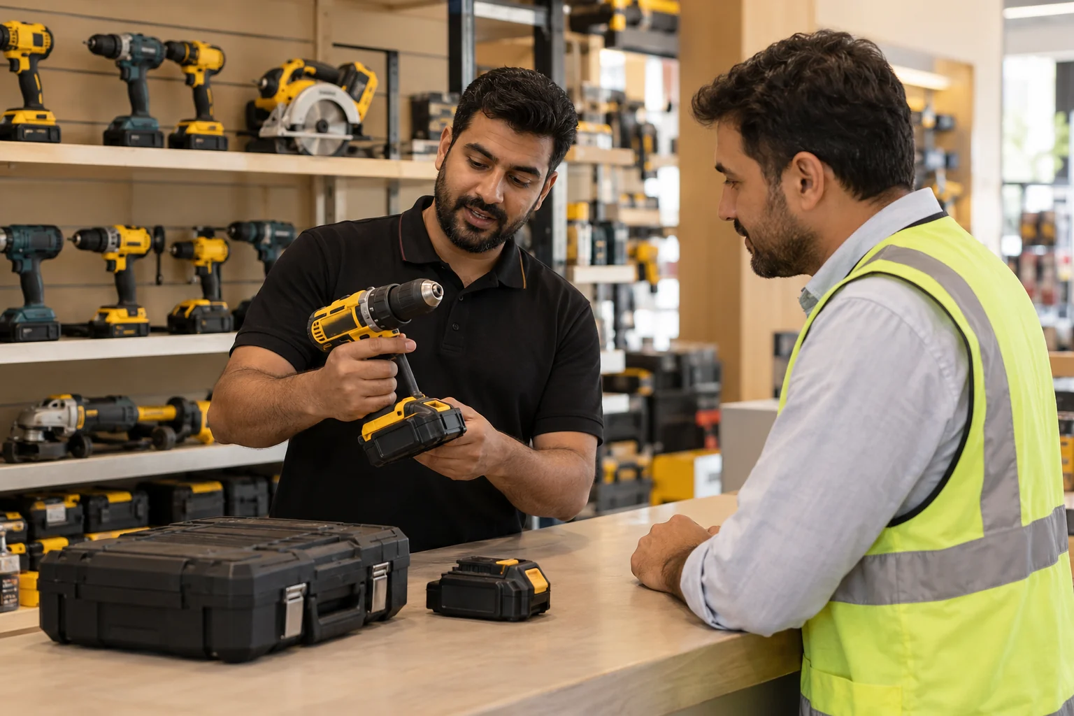 Sales specialist reviewing a cordless drill and battery with a contractor