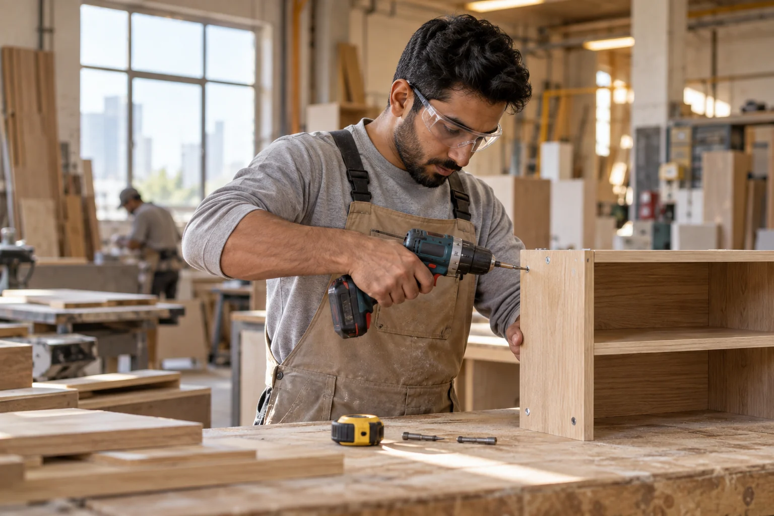 Workshop carpenter using a cordless drill driver on a timber cabinet